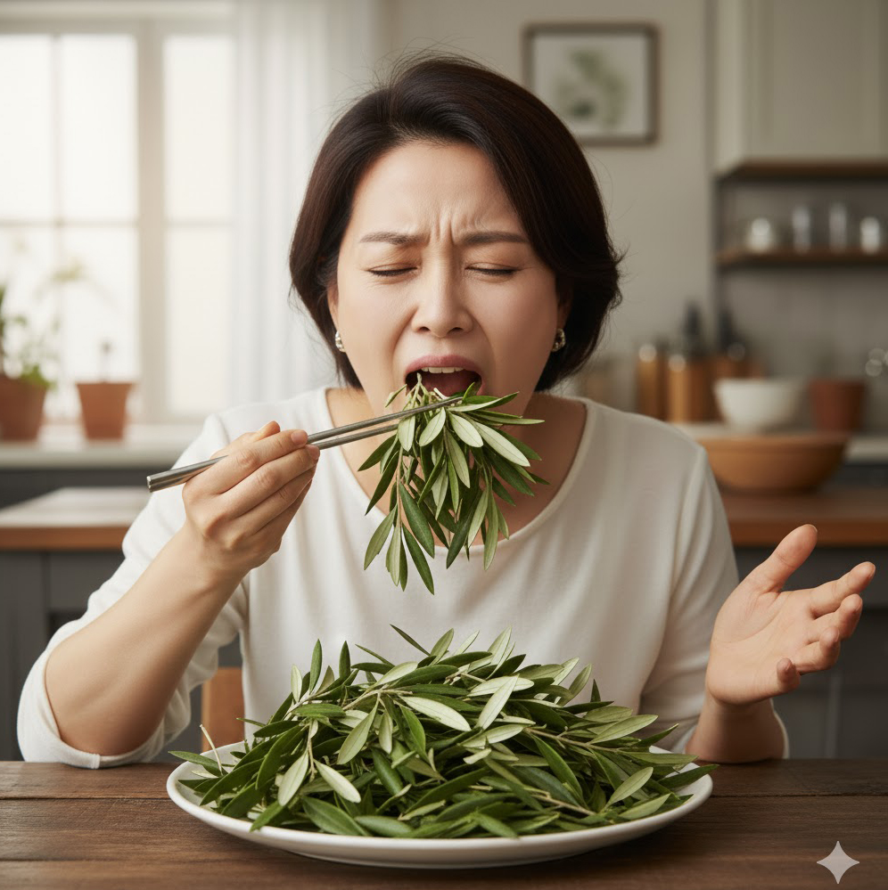 올리브잎 먹고 있는 여자